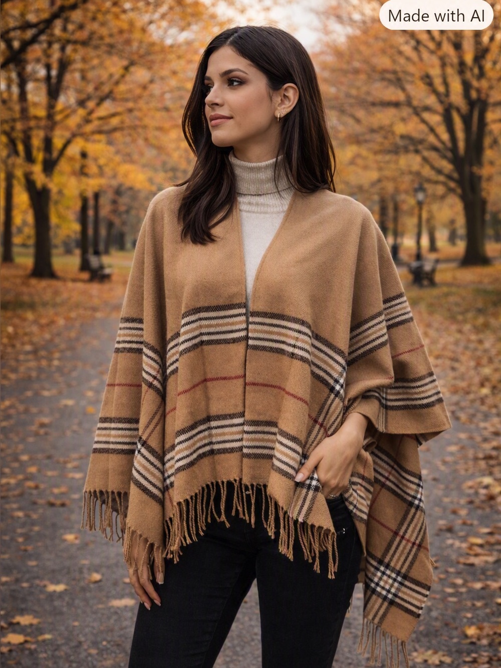 V. Fraas Light Weight Woven Fringed Open Front Shawl Poncho wrap One Size